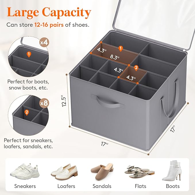 Lifewit Shoe Storage Organizer for Closet, Fits 12-16 Pairs, Large Shoe Box Storage Containers with Clear Cover and Reinforced Handles, Foldable Storage Bins Fit for Boots Heels Sneakers, 1 Pack Gray-NeatNest