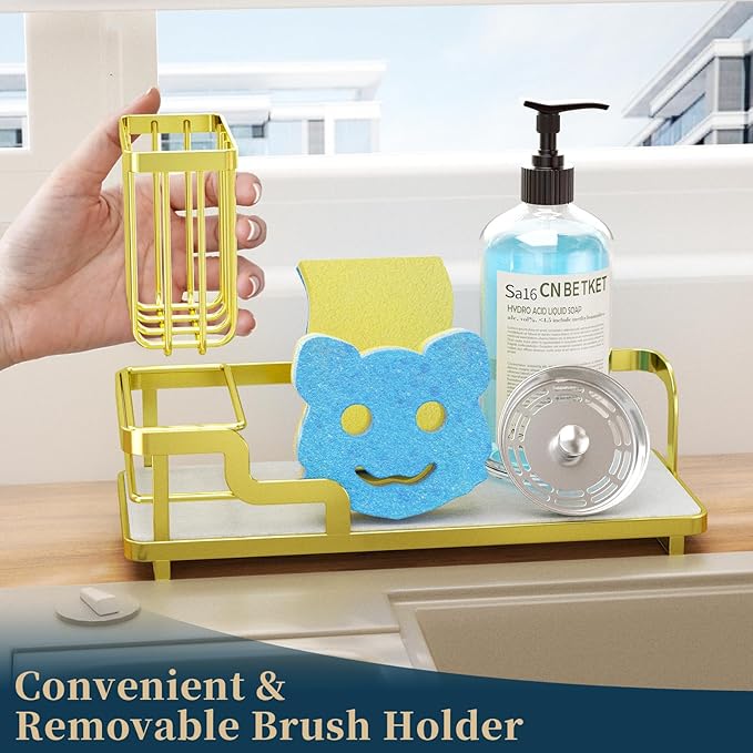 Consumest Sponge Holder for Kitchen Sink - Sink Caddy Organizer with Water Absorbing Stone Tray, Detachable Brush Holder, Stainless Steel Kitchen Counter Organizer Rack, Gold-NeatNest