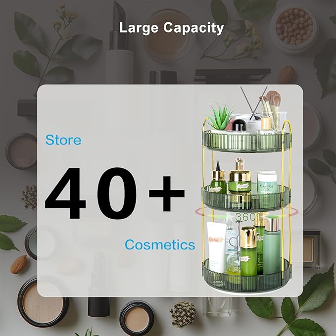 360 Rotating Makeup Organizer - Large Capacity Spinning Perfume & Cosmetic Skincare Holder for Vanity & Countertop (Gem Green, 3 Tier)-NeatNest
