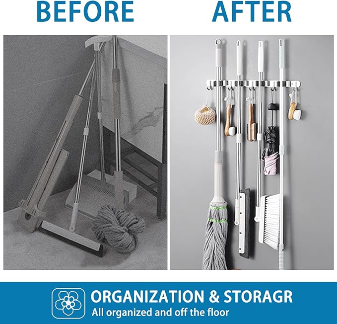 Mop Broom Holder Wall Mount, Stainless Steel Broom Organizer Wall Mounted Self Adhesive, Garage Laundry Room Garden Organization Tool Storage Rack, Heavy Duty Hangers 5 Racks and 4 Hooks-NeatNest