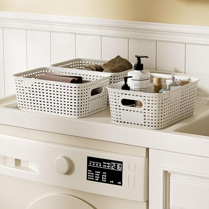 6-Pack Small 5 Qt Stackable Storage Bins with Bamboo Lids - Decorative Cute Plastic Baskets Boxes Containers with Labels for Organizing Shelves, Classroom, Closet, Desktop, Office-White-NeatNest