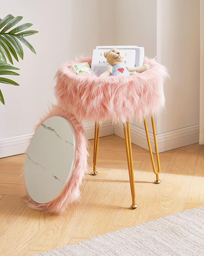 IBUYKE Round Faux Fur Vanity Stool with Storage, Furry Makeup Chair Ottoman, Soft Padded Seat, Round Footrest Footstools with 4 Metal Legs, for Living Room Bedroom Entryway, Pink WBD021P