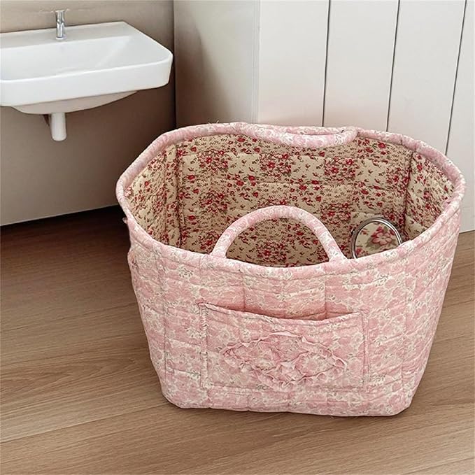 Boho Fabric Storage Basket Quilted Floral Print Baskets Organizer Bin with Handles for Home, Picnic, Shopping (Pink, L)-NeatNest