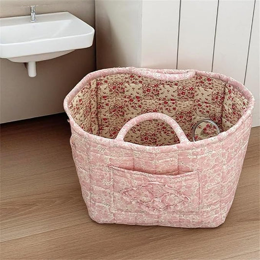 Boho Fabric Storage Basket Quilted Floral Print Baskets Organizer Bin with Handles for Home, Picnic, Shopping (Pink, L)-NeatNest