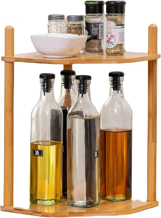Expandable Bamboo Corner Shelf for Cabinet - 2-5 Tiers Plate Organizer, Kitchen Space Saver, Minimal Tool Assembly (Powered by Gogogo) (Natural, 11.4" H(2 Tier))-NeatNest