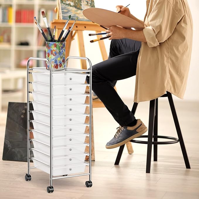 COSTWAY 10-Drawer Rolling Storage Cart, Utility Mobile Trolley with Removable Drawers & Universal Casters & 2 Brakes, Versatile Flexible Drawer Organizer Cart for Home, Office (Clear)-NeatNest