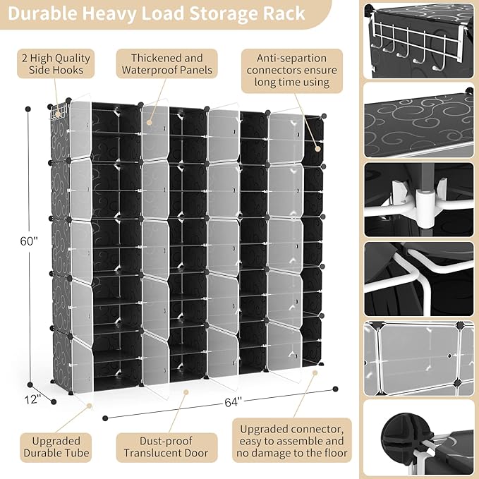 Portable Shoe Rack Organizer with Door, 80 Pairs Shoe Storage Cabinet Easy Assembly, Plastic Adjustable Shoe Storage Organizer Stackable Detachable Free Standing DIY Expandable 10 Tier Black-NeatNest