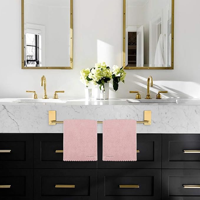 NearMoon Self Adhesive Bathroom Towel Bar- Stainless Steel Bath Wall Shelf Rack Hanging Towel Stick On Sticky Hanger Contemporary Style, NO Drilling (1 Pack, Brushed Gold, 24-Inch Towel Rack)