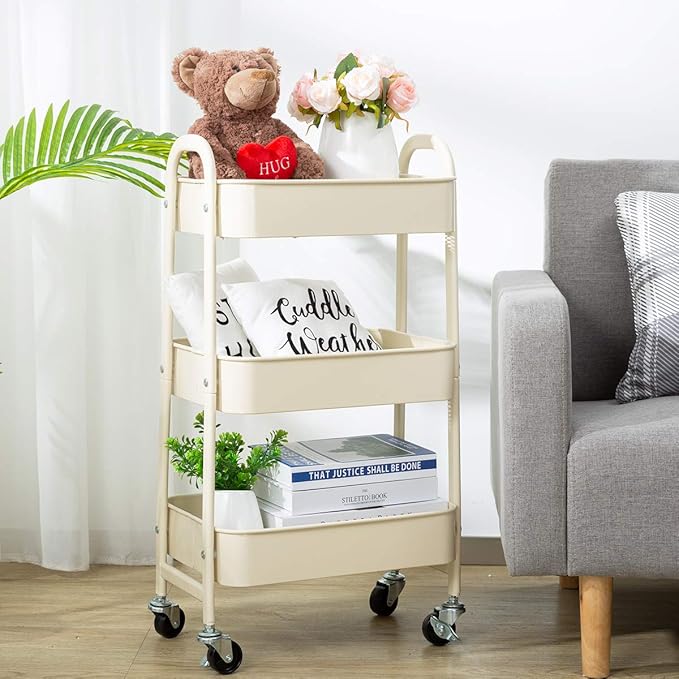 AGTEK Makeup Cart, Movable Rolling Organizer Cart,3 Tier Metal Utility Cart, Beige-NeatNest