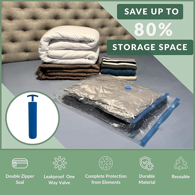 6 XL Jumbo Vacuum Storage Bags with Pump, Extra Large Compression Space Saver for Comforter, Duvet, Blanket, Bedding Storage, Vacuum Seal Bags for Clothing, Luggage Closet Organizer-NeatNest