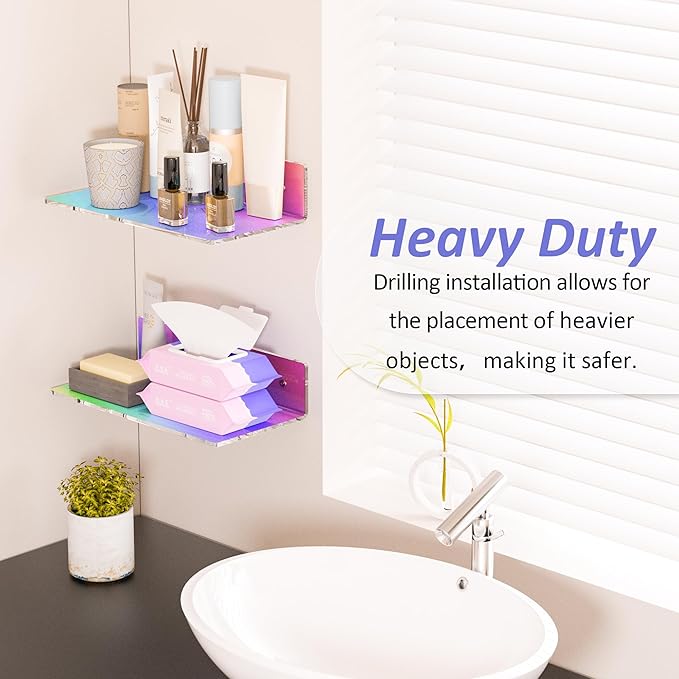12 Inches Iridescent Acrylic Wall Shelves Set of 2, White Floating Shelf, Wall Mounted Shelves for Funko Pop Shelves, Smart Speaker, Plants, Picture Frame, Digital Clock, 2 Pack-NeatNest