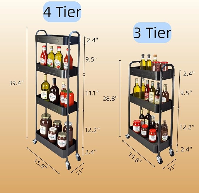 3 Tier Slim Metal Rolling Storage Cart for Laundry Room Storage & Kitchen Organizer, 7.1'' Wide Thin Shelf for Narrow Spaces, Rolling Cart with Wheels & Lockable Casters for Bathroom, Black
