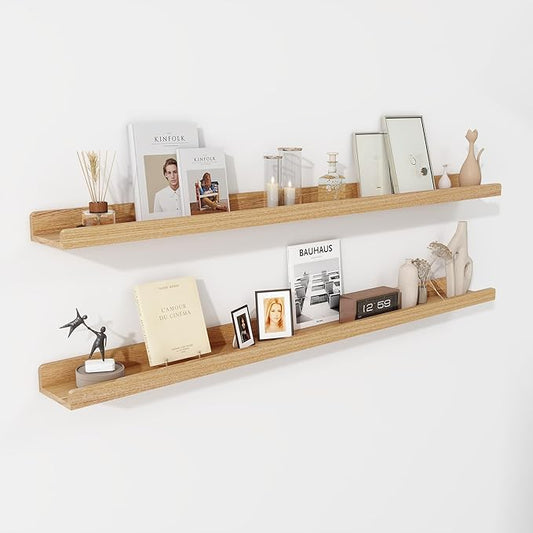 Floating Shelves for Wall 48 Inch | Picture Ledge Shelf Set of 2 | Solid Ash Wood Floating Shelves with Lip | Natural Wood Picture Shelf for Wall with Ledge | Photo Ledge Shelves-NeatNest