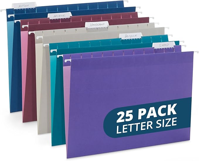 Blue Summit Supplies 25 Jewel Tone Hanging File Folders Letter Size with Tabs, Reinforced Hanging File Folders Jewel Tone, Includes Plastic Tabs and Inserts-NeatNest