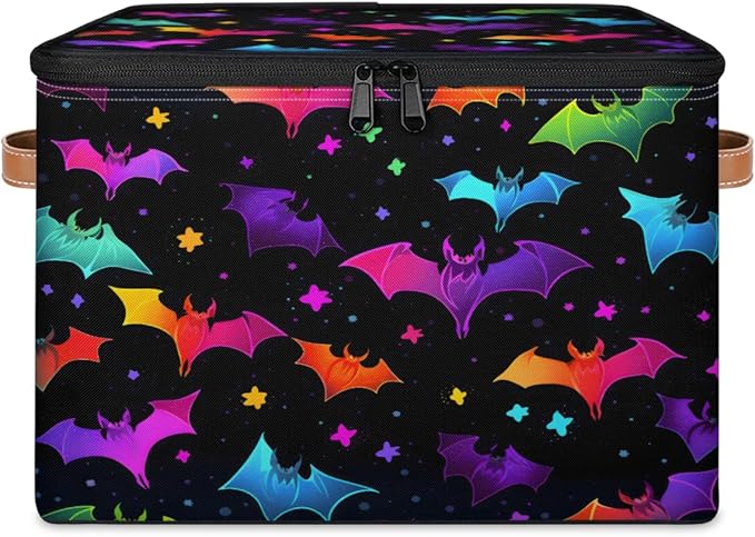 Halloween Bat Storage Bins with Lids, Colorful Bats Fabric Storage Boxes with Zipper, Collapsible Decorative Closet Organizer Cube for Clothes,Organizing, Shelves-NeatNest