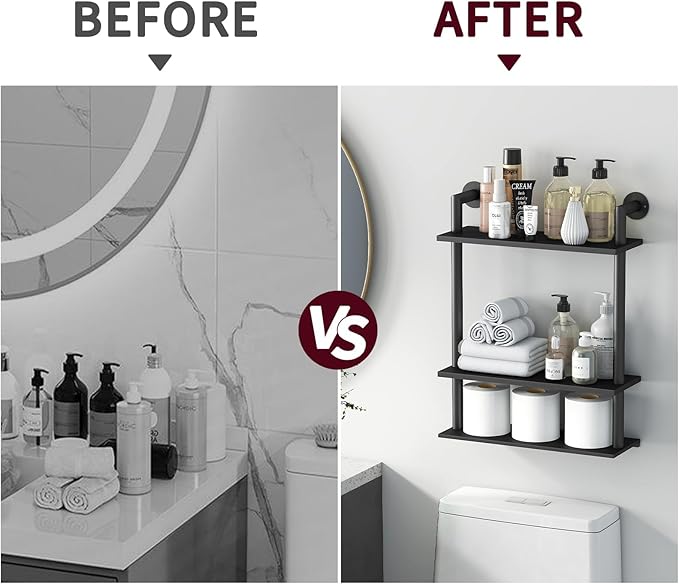 Floating Shelves, Wall Mounted Metal Floating Shelves Black with Frame and Towel Rack for Bathroom, Living Room, Bedroom, Kitchen