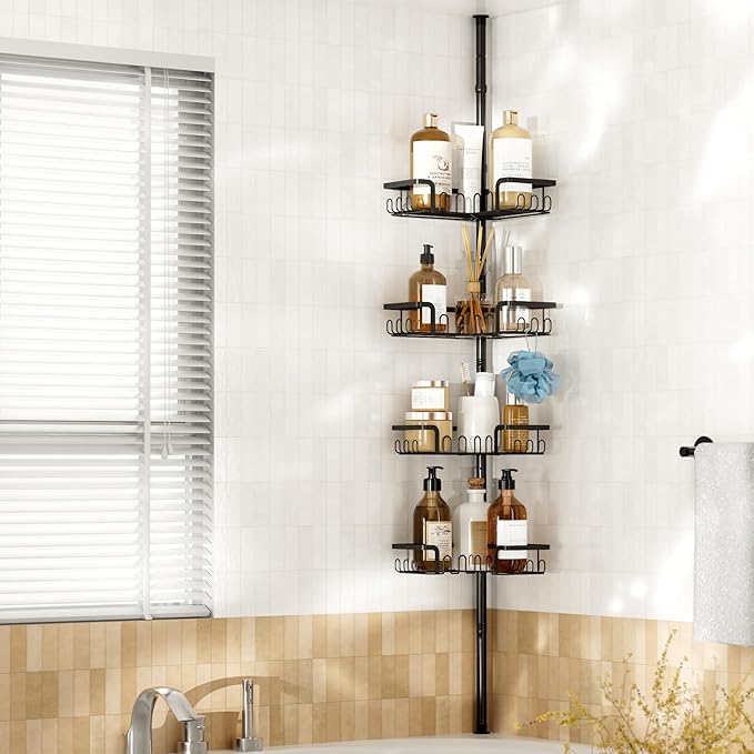 Corner Shower Caddy Tension Pole Adjustable 29–124 Inch, 4 Tier Shower Organizer, Rustproof Shower Racks for Bathroom Storage, Black