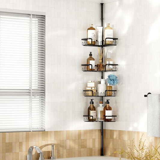 Corner Shower Caddy Tension Pole Adjustable 29–124 Inch, 4 Tier Shower Organizer, Rustproof Shower Racks for Bathroom Storage, Black