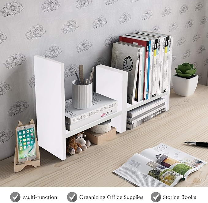 Jerry & Maggie Desktop Organizer Office Storage Rack Adjustable Wood Display Shelf Free Style Double H, Multi-Functional Mini Bookshelf for Desk Natural Stand (White)-NeatNest