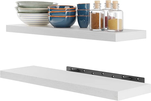 BATODA Set of 2 24" White Floating Shelves Wall Mounted for Bathroom – Wooden Decorative Wall Bookshelf - Storage Shelf Organizer for Home, Bedroom, Kitchen - Black Bracket, Shelving Mounting Included-NeatNest