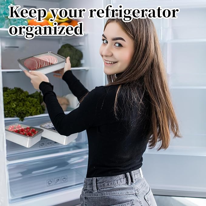 10 Pack Bacon Cheese Meat Storage Container Stainless Steel Airtight Storage Container Kitchen Food Storage Containers Fruit Tray with Lids Stackable Fridge Organizer Bins for Fruit Vegetable Food