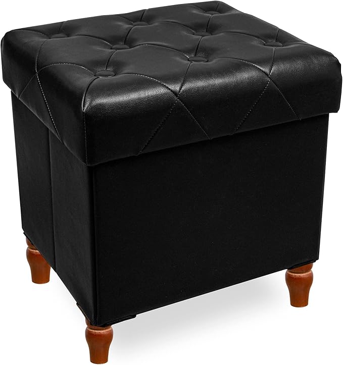 CAROLMADE Folding Storage Ottoman Cube PU Leather Footstool with Wood Legs Ottoman Footrest for Living Room and Bedroom Black, 15x12.6 x 15.4”-NeatNest