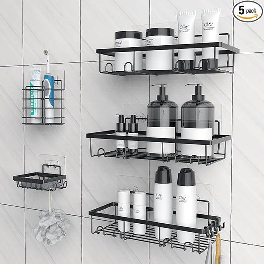 5 Pack Shower Caddy, Adhesive Organizer for Bathroom & Kitchen, Large Capacity Rustproof Stainless Steel Shelves No Drilling