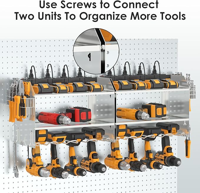 CCCEI Modular Power Tool Organizer Wall Mount with Charging Station. Garage 4 Drill Storage Shelf with Hooks, Drill Bit Heavy Duty Rack, Silver Tool Battery Holder Built in 8 Outlet Power Strip.-NeatNest
