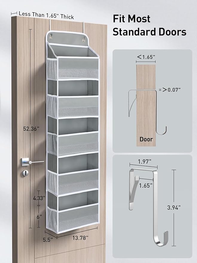 Yecaye 2 Pc Over The Door Organizer with 5 Bins 10 Side Pockets, 44lbs Load Hanging Bathroom and Bedroom Organizer, Behind The Door Hanging Organizers for Nursery Newborn Baby Essential Stuff Grey-NeatNest