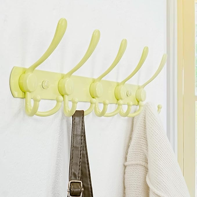 Dseap Coat Rack Wall Mounted - 5 Tri Hooks, Heavy Duty, Stainless Steel, Metal Coat Hook Rail for Coat Hat Towel Purse Robes Mudroom Bathroom Entryway (Yellow, Pack of 2)-NeatNest