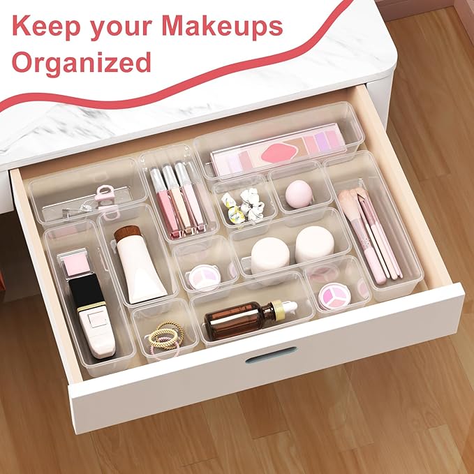 24 PCS Plastic Drawer Organizer Set, Sturdy 3-Size Makeup Vanity Desk Drawer Organizer Trays and Storage Bins for Cosmetics, Junk and Gadgets – Ideal for Bathroom, Bedroom, Office and Kitchen-NeatNest