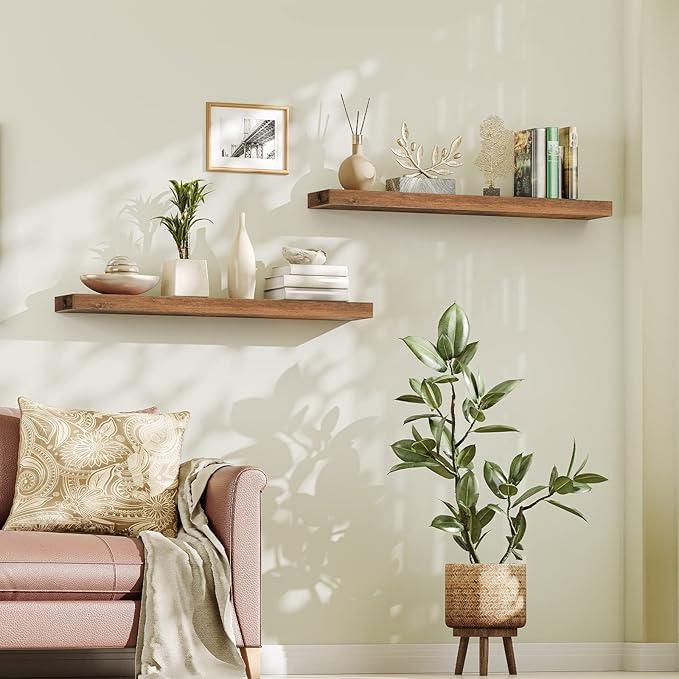 HOOBRO Floating Shelves for Wall, Wall Mounted Shelf Set of 2, 47.2" Hanging Shelf with Invisible Brackets, for Wall Bathroom, Bedroom, Toilet, Kitchen, Living Room, Office, Rustic Brown BF120BJP201-NeatNest