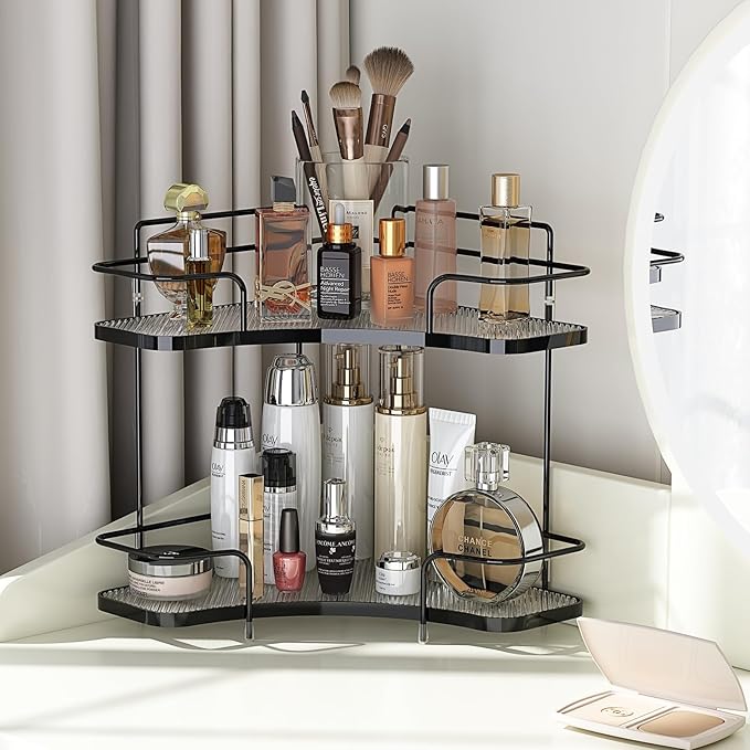 FOLLOWIN 2 Tier Bathroom Countertop Corner Organizer,Countertop Perfume Tray,Vanity Counter Shelf,Skincare Makeup Cosmetic Vanity Organizers,Elegant Black-NeatNest