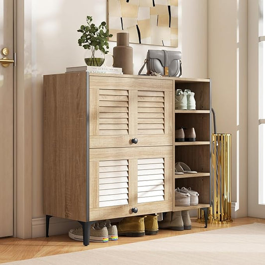 Giantex Shoe Cabinet with Flip & Slide Doors, Entry Way Shoe Rack Cabinet with Adjustable Cube Shelves, Freestanding Wood Shoe Cabinet Storage for Entryway, Closet, Hallway, Living Room, Foyer, Oak