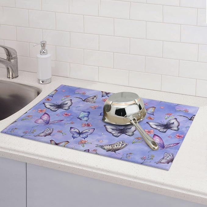 Butterfly Dish Drying Mat for Kitchen Counter Cute Kitchen Mat Microfiber Kitchen Countertop Absorbent Reversible Drainer Rack Pad Dish Drying Mat 18 x 24 Inch-NeatNest