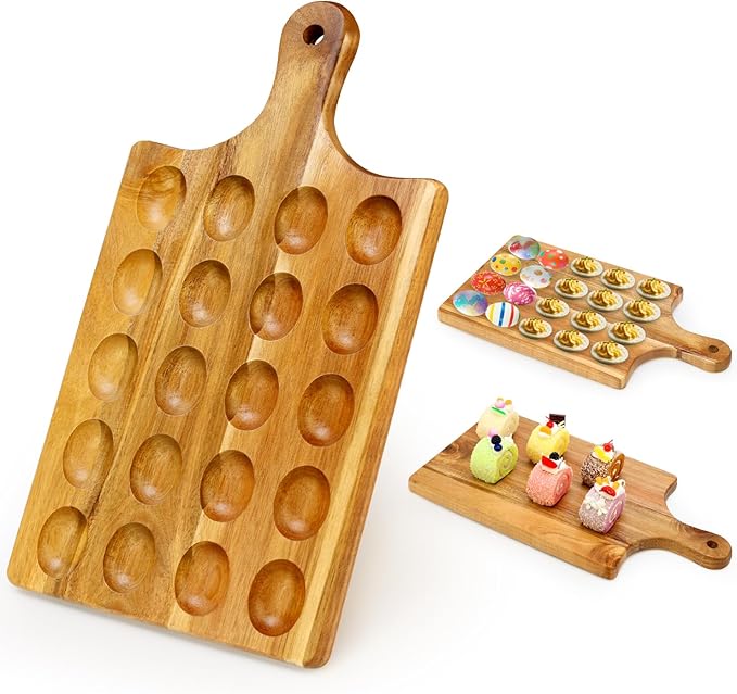 20 Holes Acacia Wood Deviled Egg Tray for Egg Holder Easter Gift Devilled Eggs Container Platter Wooden Cheese Charcuterie Board Devil Egg Serving Dish Carrier Hosting Kitchen Counter Plates