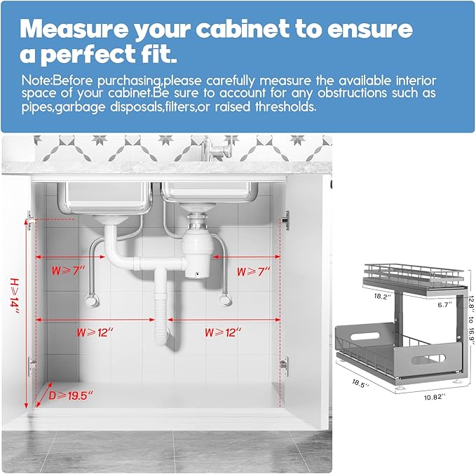 2 Pack 18 IN Depth Under Sink Organizer with Smooth Ball Bearing Slides,2-Tier Pull Out Cabinet Storage,Slide Out Drawers for Bathroom&Kitchen,Rust-resistant Coating,Height Adjustable-Gun Gray-NeatNest