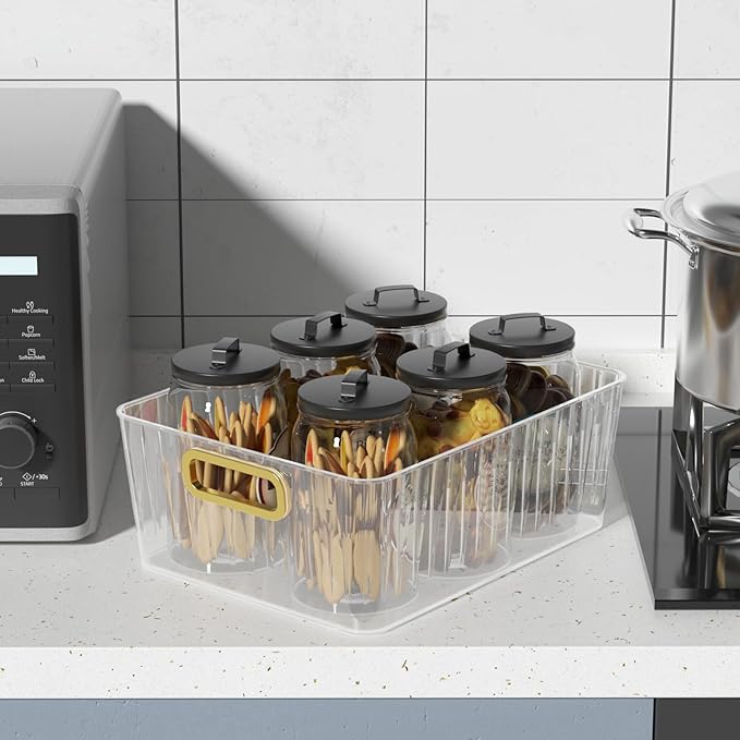 6 Packs Plastic Storage Organizer Bins with Handle for Refrigerator Kitchen Pantry, Clear Shelf Closet Basket Bins