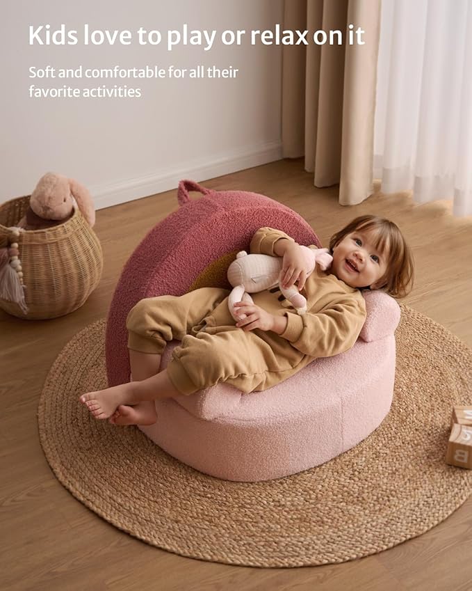 Blissful Diary Toddler Chair Comfy, Foam Kids Chair with Soft Teddy Plush, Toddler Reading Chair with Cute Arclet Designs- Blush Pink-NeatNest
