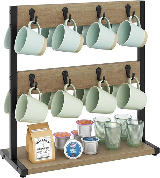 IBUYKE Wood Coffee Mug Holder for Countertop,16 Hook Mug Tree Holder Rack with Storage Base,Mug Display Organizer,Mug Holders for Home Kitchen,Greige UTBJ001Y-NeatNest