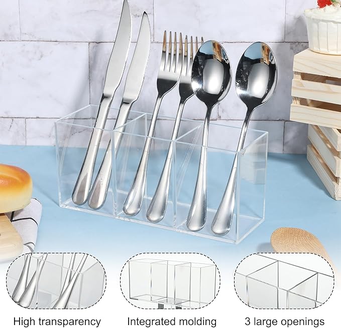 2 Pack Acrylic Cutlery Storage Organizer, Clear Silverware Holder Plastic Utensil Caddy, Cooking Flatware Dispenser with 3 Sections for Kitchen Countertop Cabinet Forks Knives Spoons Organization