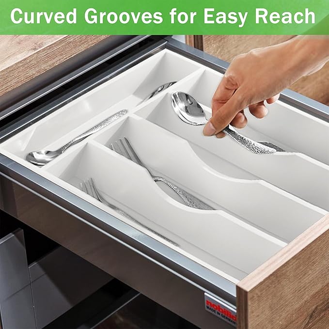 Greenual White Silverware Organizer 10 In Utensil Organizer Silverware Tray for Drawer Cutlery Flatware Organizer for Kitchen Bamboo Wood-NeatNest