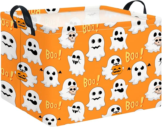 CLOCOR Rectangular Storage Basket Empty, Gift Basket for Halloween, Waterproof Storage Bin with Handles, Room Decor(Boo Ghosts)-NeatNest