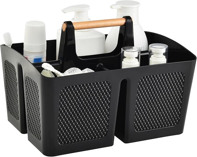 Haundry Plastic Black Shower Caddy Basket with 3 Compartments, Portable Divided Bathroom Cleaning Caddy Organizer Storage Tote with Handle for Dorm, College, Room Essentials