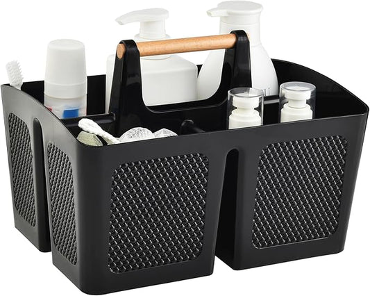 Haundry Plastic Black Shower Caddy Basket with 3 Compartments, Portable Divided Bathroom Cleaning Caddy Organizer Storage Tote with Handle for Dorm, College, Room Essentials
