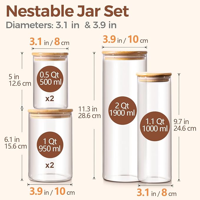 ComSaf Glass Food Storage Jars Set of 6, Clear Glass Storage Containers with Lids, Canisters Sets for the kitchen, Spaghetti, Pasta, Flour, Nuts, Oat, Coffee and Sugar Container, Pantry Organization-NeatNest