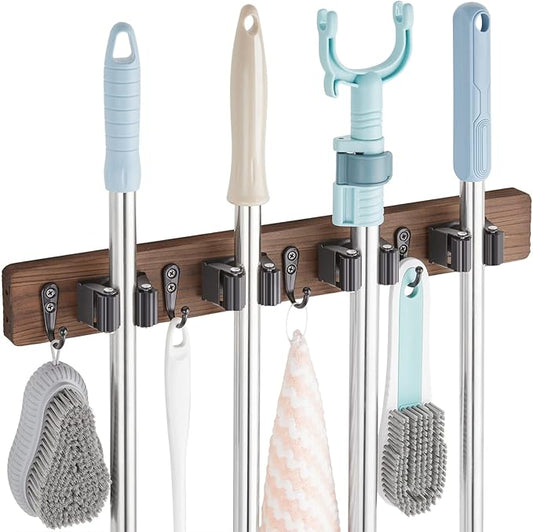 Mop and Broom Holder Wall Mount - Rustic Wood Broom Mop Hanger - Wall Mounted Garden Tool Rack Organizer for Closet Garage Laundry Room Kitchen Decor With 4 Slots & 4 Hooks-NeatNest