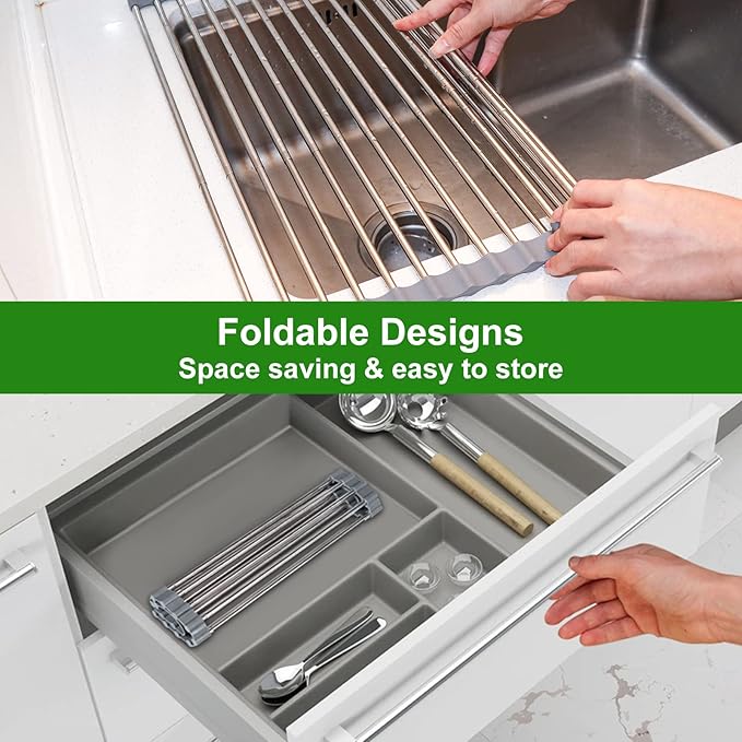 Dish Drying Rack Expandable Up to 23.6", Roll Up Over The Sink Dish Drying Rack, Extra Large Stainless Steel Multipurpose Kitchen Sink Drainer - 23.6"(L) x 15.7"(W)