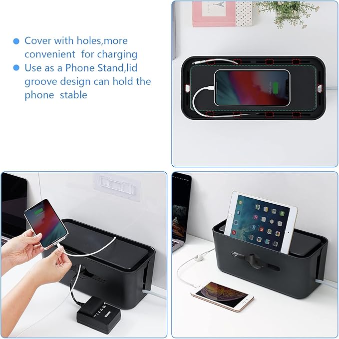 Cable Management Box,Cord Organizer Box for Desk Floor Cable Hide,Cable Box Organizer to Cover The Power Strip Cord Wires for Home Office,Black
