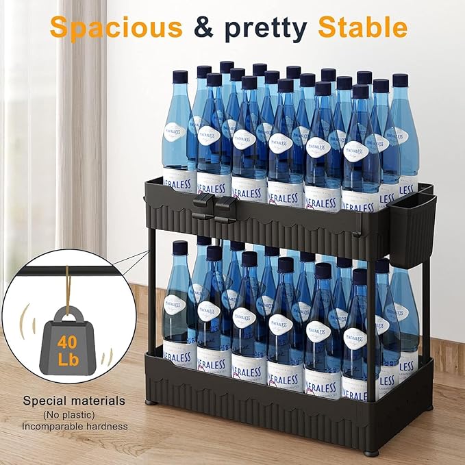 4 Pack Under Sink Organizer, Under Bathroom Cabinet Organizer with Hooks Hanging Cup, Multi-Purpose Storage Shelf for Kitchen Bathroom, Black-NeatNest